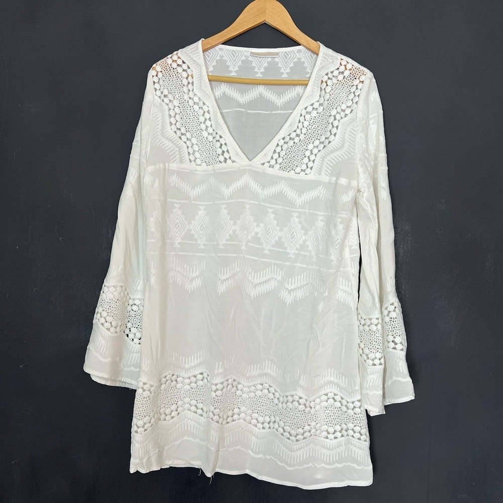 La Blanca Blouse Womens White Bohemian BellSleeves Embroidered Lace Beach Resort